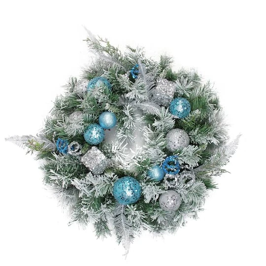 Northlight 24" Blue & Silver Sequin Ornaments Artificial Flocked Pine Wreath 3 Northlight 24" Blue & Silver Sequin Ornaments Artificial Flocked Pine Wreath