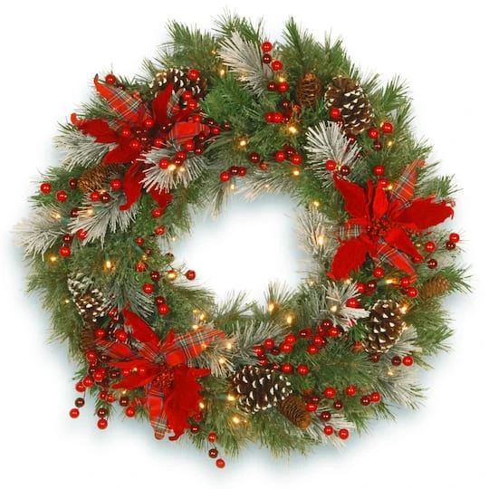 30" Pre-Lit Decorative Collection Cones, Red Berries & Poinsettias Tartan Plaid Wreath With Warm White LED Lights 4 30" Pre-Lit Decorative Collection Cones, Red Berries & Poinsettias Tartan Plaid Wreath With Warm White LED Lights - Image 2