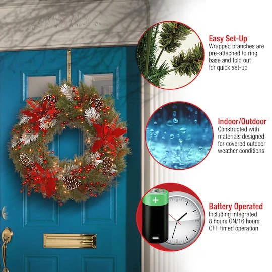 30" Pre-Lit Decorative Collection Cones, Red Berries & Poinsettias Tartan Plaid Wreath With Warm White LED Lights 8 30" Pre-Lit Decorative Collection Cones, Red Berries & Poinsettias Tartan Plaid Wreath With Warm White LED Lights - Image 6