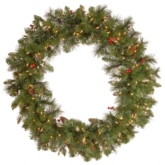 36" Crestwood Spruce Wreath With Silver Bristle, Cones, Red Berries & Glitter With 200ct. Clear Lights 3 36" Crestwood Spruce Wreath With Silver Bristle, Cones, Red Berries & Glitter With 200ct. Clear Lights