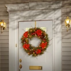 24" Decorative Collection Hydrangea Wreath With Cones, Red Berries & 50ct. Soft White Battery Operated LED Lights With Timer -Michaels X-Mas Decor D206595S 12