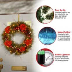 24" Decorative Collection Hydrangea Wreath With Cones, Red Berries & 50ct. Soft White Battery Operated LED Lights With Timer -Michaels X-Mas Decor D206595S 16