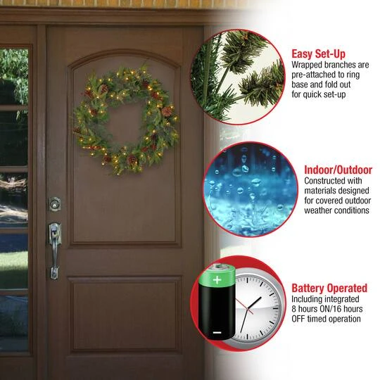 24" Feel Real® Colonial Wreath With Pine Cones, Red Berries & Dual Color LED Lights 8 24" Feel Real® Colonial Wreath With Pine Cones, Red Berries & Dual Color LED Lights - Image 6