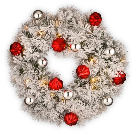 24" Snowy Bristle Pine Wreaths With Red & Silver Ornaments & Warm White LED Lights 4 24" Snowy Bristle Pine Wreaths With Red & Silver Ornaments & Warm White LED Lights - Image 2