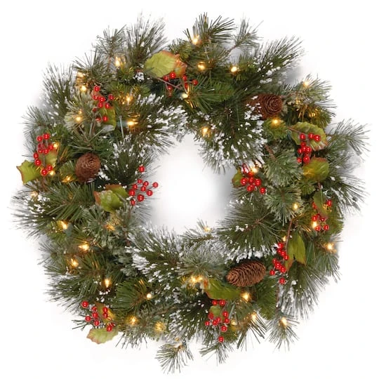 24" Wintry Pine® Wreath With Pine Cones, Red Berries, Snowflakes & Warm White LED Lights 3 24" Wintry Pine® Wreath With Pine Cones, Red Berries, Snowflakes & Warm White LED Lights