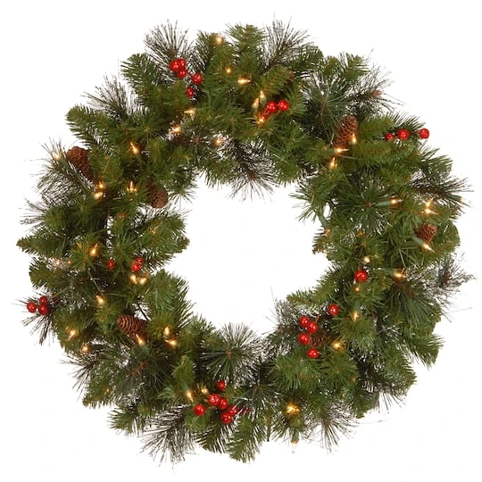 24" Crestwood® Spruce Wreath With Silver Bristle, Pine Cones, Red Berries & Glitter With Clear Lights 4 24" Crestwood® Spruce Wreath With Silver Bristle, Pine Cones, Red Berries & Glitter With Clear Lights - Image 2