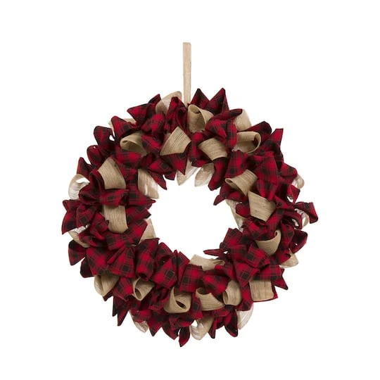Glitzhome® 19" Christmas Plaid Fabric Wreath 3 Glitzhome® 19" Christmas Plaid Fabric Wreath