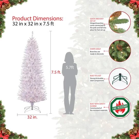 7.5ft. Pre-Lit White Fraser Fir Pencil Artificial Christmas Tree, Clear Lights 8 7.5ft. Pre-Lit White Fraser Fir Pencil Artificial Christmas Tree, Clear Lights - Image 6