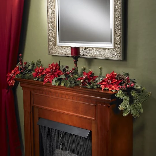 5ft. Poinsettia & Berry Artificial Garland 6 5ft. Poinsettia & Berry Artificial Garland - Image 4