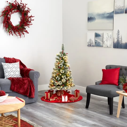 4ft. Pre-Lit Frosted Swiss Pine Artificial Christmas Tree With Berries, Clear LED Lights 8 4ft. Pre-Lit Frosted Swiss Pine Artificial Christmas Tree With Berries, Clear LED Lights - Image 6