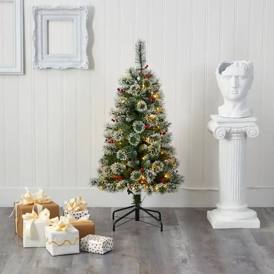 4ft. Pre-Lit Frosted Swiss Pine Artificial Christmas Tree With Berries, Clear LED Lights 9 4ft. Pre-Lit Frosted Swiss Pine Artificial Christmas Tree With Berries, Clear LED Lights - Image 7