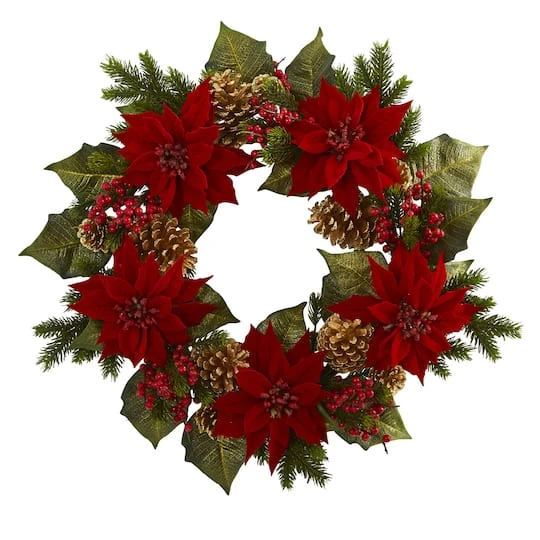 24" Poinsettia, Berry And Golden Pinecone Artificial Wreath 4 24" Poinsettia, Berry And Golden Pinecone Artificial Wreath - Image 2