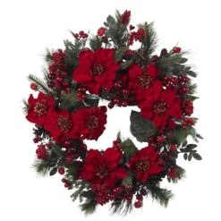 24" Red Poinsettia & Berry Wreath -Michaels X-Mas Decor D251370S 12