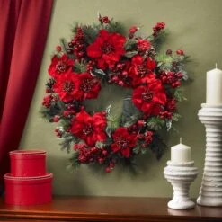 24" Red Poinsettia & Berry Wreath -Michaels X-Mas Decor D251370S 14