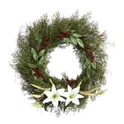 20" Cedar, Lilies & Berries With Antlers Wreath