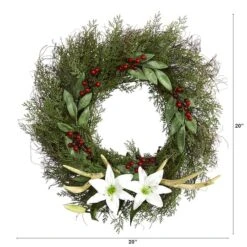 20" Cedar, Lilies & Berries With Antlers Wreath -Michaels X-Mas Decor D251377S 2