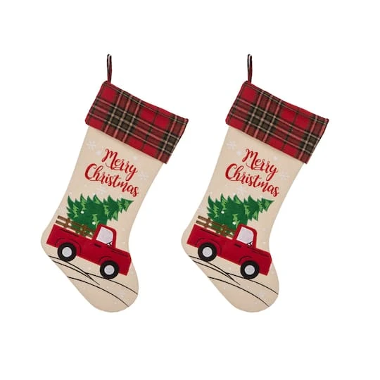 Glitzhome® 21" Truck & Tree Christmas Stockings, 2ct. 3 Glitzhome® 21" Truck & Tree Christmas Stockings, 2ct.