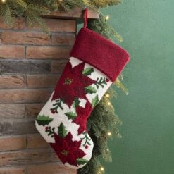Glitzhome® 21" Poinsettia Hooked Stocking -Michaels X-Mas Decor D252944S 2