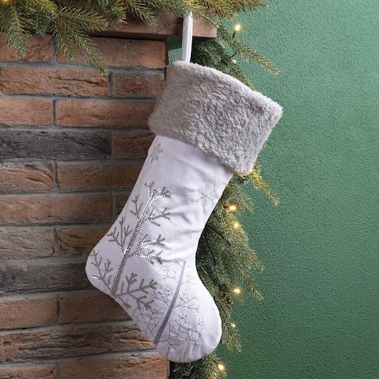 Glitzhome® 21" White Fleece With Christmas Tree & Snowflake Stocking 5 Glitzhome® 21" White Fleece With Christmas Tree & Snowflake Stocking - Image 3