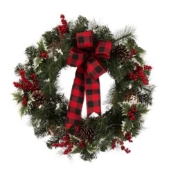 Glitzhome 24" Pre-Lit Buffalo Check Bow, Berry, Holly & Pinecone LED Wreath