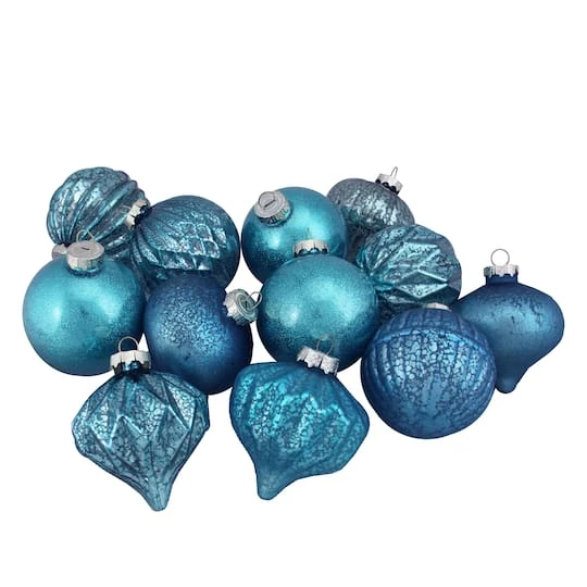Northlight 12ct. 3.75" Teal Blue 3-Finish Glass Ornaments 3 Northlight 12ct. 3.75" Teal Blue 3-Finish Glass Ornaments