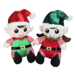 Northlight 13" Red Plush Sitting Boy & Girl Christmas Elf Figure Set