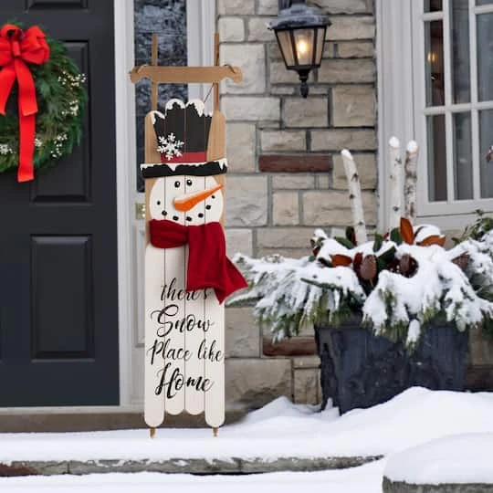Glitzhome® 3.5ft. Wooden Christmas Snowman Porch Sign 5 Glitzhome® 3.5ft. Wooden Christmas Snowman Porch Sign - Image 3