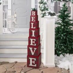 Glitzhome® 3.5ft. Wooden Plaid Believe Porch Décor -Michaels X-Mas Decor D254160S 2