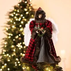 Glitzhome® 16" Red Plaid Faux Fur Angel Tree Topper -Michaels X-Mas Decor D254165S 2