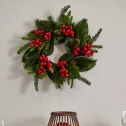 19" Magnolia Leaf, Berry & Pine Artificial Wreath -Michaels X-Mas Decor D292928S 13