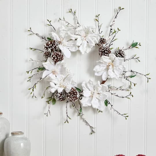24" Snowed Magnolia & Pinecone Wreath 6 24" Snowed Magnolia & Pinecone Wreath - Image 4