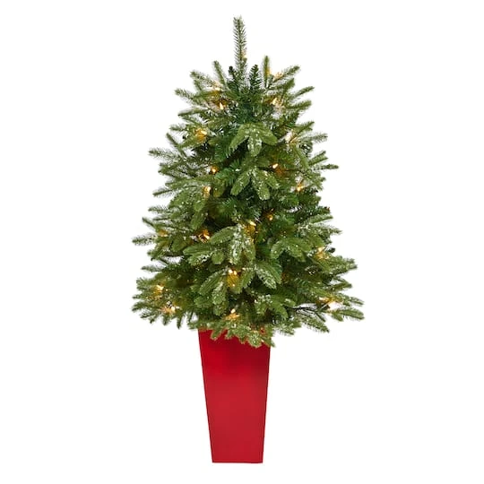 3.5ft. Pre-Lit Snowed Grand Teton Fir Christmas Tree In Red Planter 3 3.5ft. Pre-Lit Snowed Grand Teton Fir Christmas Tree In Red Planter