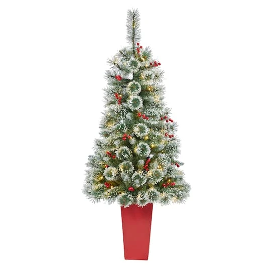 4ft. Pre-Lit Potted Frosted Swiss Pine Artificial Christmas Tree With Berries, Clear LED Lights 4 4ft. Pre-Lit Potted Frosted Swiss Pine Artificial Christmas Tree With Berries, Clear LED Lights - Image 2