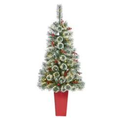 4ft. Pre-Lit Potted Frosted Swiss Pine Artificial Christmas Tree With Berries, Clear LED Lights