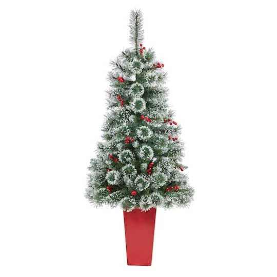 4ft. Pre-Lit Potted Frosted Swiss Pine Artificial Christmas Tree With Berries, Clear LED Lights 6 4ft. Pre-Lit Potted Frosted Swiss Pine Artificial Christmas Tree With Berries, Clear LED Lights - Image 4