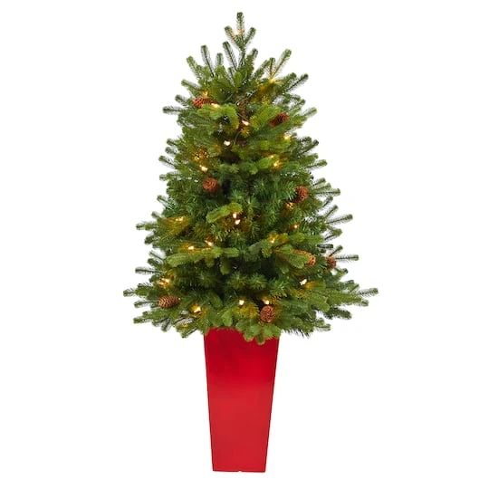 3.5ft. Pre-Lit Yukon Mountain Fir Artificial Christmas Tree In Red Planter, Clear Lights 4 3.5ft. Pre-Lit Yukon Mountain Fir Artificial Christmas Tree In Red Planter, Clear Lights - Image 2