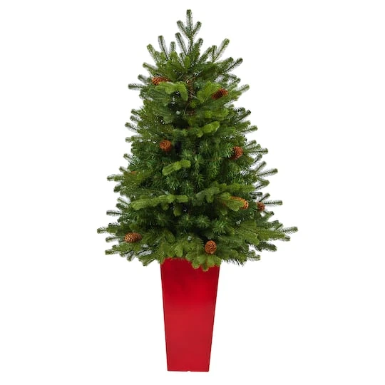 3.5ft. Pre-Lit Yukon Mountain Fir Artificial Christmas Tree In Red Planter, Clear Lights 6 3.5ft. Pre-Lit Yukon Mountain Fir Artificial Christmas Tree In Red Planter, Clear Lights - Image 4