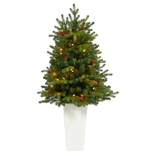 3.5ft. Pre-Lit Yukon Mountain Fir Artificial Christmas Tree In White Planter, Clear Lights 4 3.5ft. Pre-Lit Yukon Mountain Fir Artificial Christmas Tree In White Planter, Clear Lights - Image 2