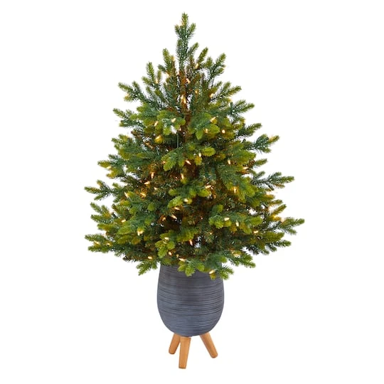 3.5ft. Pre-Lit North Carolina Fir Artificial Christmas Tree In Gray Planter With Stand, Clear Lights 3 3.5ft. Pre-Lit North Carolina Fir Artificial Christmas Tree In Gray Planter With Stand, Clear Lights