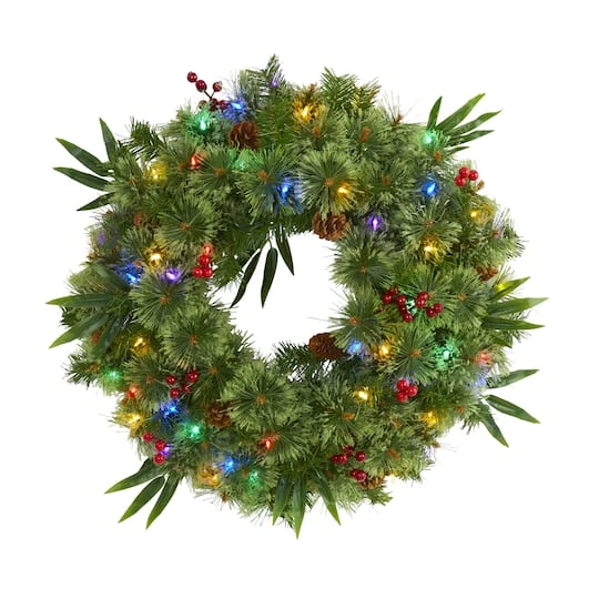 24" Multicolor LED Mixed Pine Christmas Wreath With Berries & Pinecones 4 24" Multicolor LED Mixed Pine Christmas Wreath With Berries & Pinecones - Image 2
