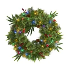 24" Multicolor LED Mixed Pine Christmas Wreath With Berries & Pinecones
