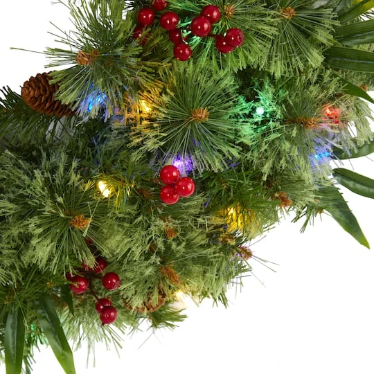 24" Multicolor LED Mixed Pine Christmas Wreath With Berries & Pinecones 6 24" Multicolor LED Mixed Pine Christmas Wreath With Berries & Pinecones - Image 4