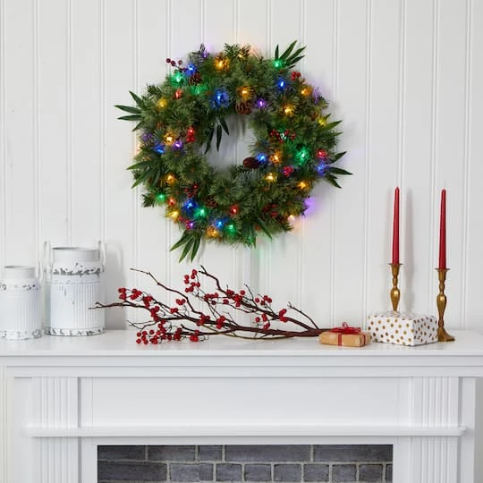 24" Multicolor LED Mixed Pine Christmas Wreath With Berries & Pinecones 7 24" Multicolor LED Mixed Pine Christmas Wreath With Berries & Pinecones - Image 5