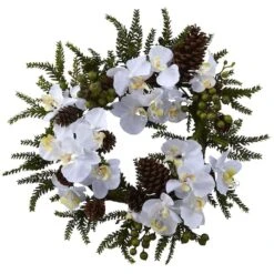 22" White Orchid & Pine Wreath