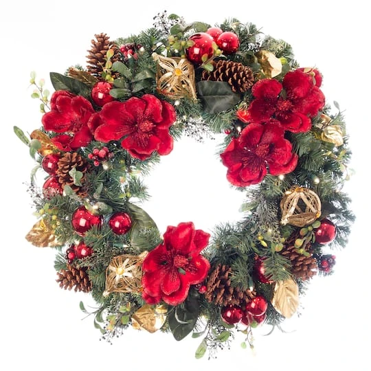 Village Lighting 30" Pre-Lit Red Magnolia Christmas Wreath, Clear LED Lights 4 Village Lighting 30" Pre-Lit Red Magnolia Christmas Wreath, Clear LED Lights - Image 2
