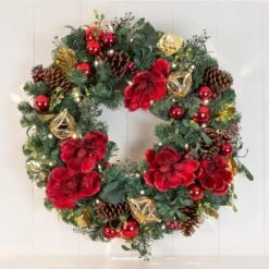 Village Lighting 30" Pre-Lit Red Magnolia Christmas Wreath, Clear LED Lights 12 Village Lighting 30" Pre-Lit Red Magnolia Christmas Wreath, Clear LED Lights -Michaels X-Mas Decor D403166S 2