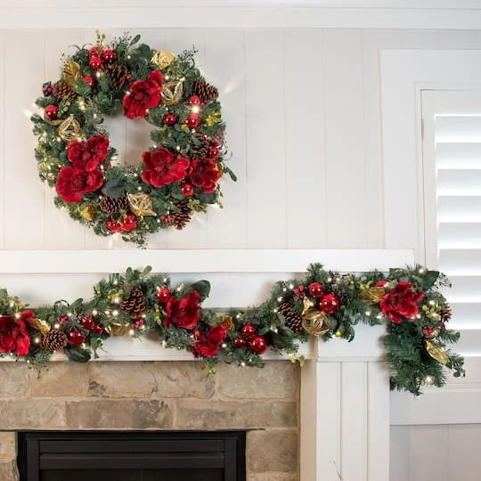 Village Lighting 30" Pre-Lit Red Magnolia Christmas Wreath, Clear LED Lights 6 Village Lighting 30" Pre-Lit Red Magnolia Christmas Wreath, Clear LED Lights - Image 4