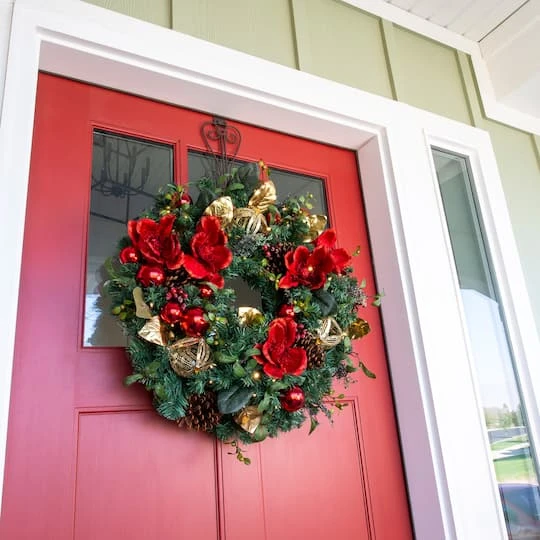 Village Lighting 30" Pre-Lit Red Magnolia Christmas Wreath, Clear LED Lights 7 Village Lighting 30" Pre-Lit Red Magnolia Christmas Wreath, Clear LED Lights - Image 5
