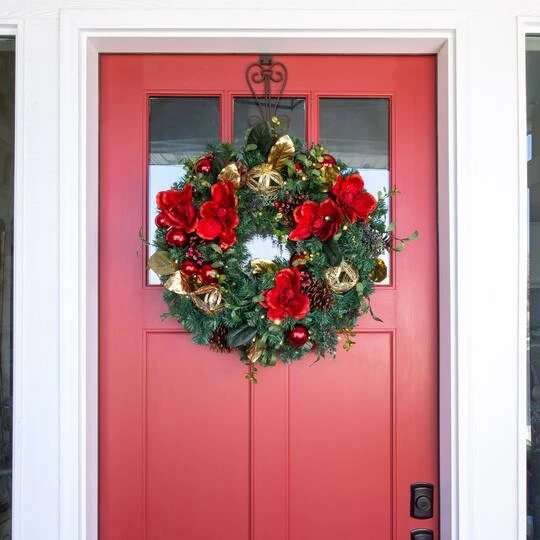 Village Lighting 30" Pre-Lit Red Magnolia Christmas Wreath, Clear LED Lights 8 Village Lighting 30" Pre-Lit Red Magnolia Christmas Wreath, Clear LED Lights - Image 6