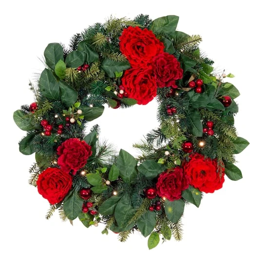 Village Lighting 30" LED Red Peonies & Berry Wreath 4 Village Lighting 30" LED Red Peonies & Berry Wreath - Image 2
